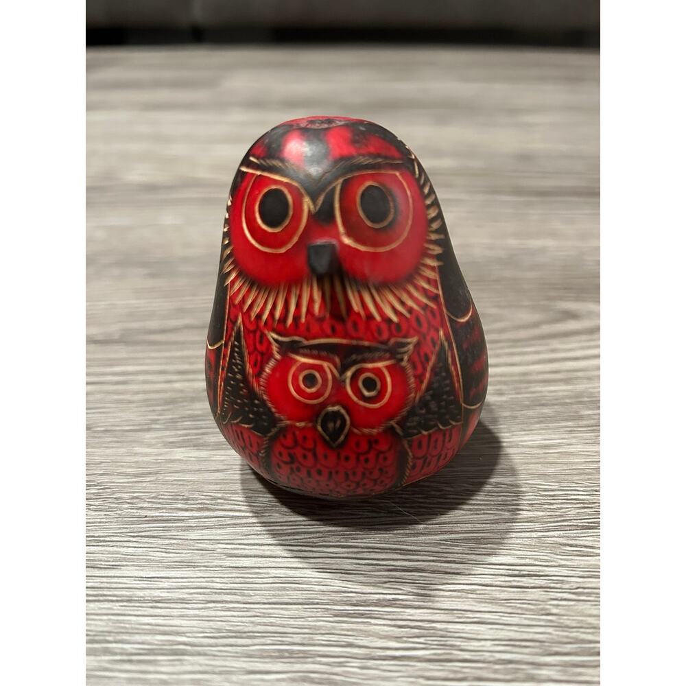 VINTAGE PERUVIAN FOLK ART GOURD DOUBLE OWL FIGURINE